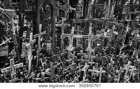 Siauliai, Lithuania - Jul 22, 2018: A Large Number Of Wooden Crosses And Crucifixes At The Hill Of C
