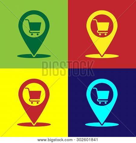 Color Map Pointer With Shopping Cart Icon Isolated On Color Backgrounds. Pin Point Shop And Shopping