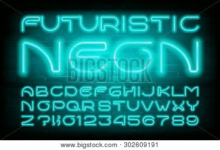 Futuristic Neon Alphabet Font. Light Bulb Simple Letters And Numbers. Brick Wall Background. Stock V