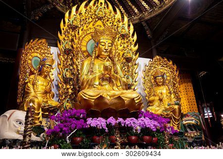 Buddha Statues In Longhua Temple In Shanghai, China. Famous Buddhist Temple In China.