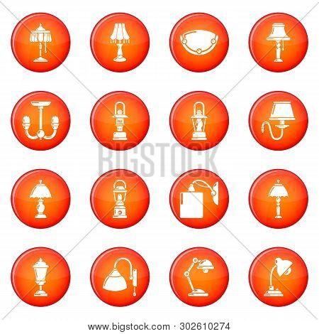 Lamp Icons Set Red Circle Isolated On White Background