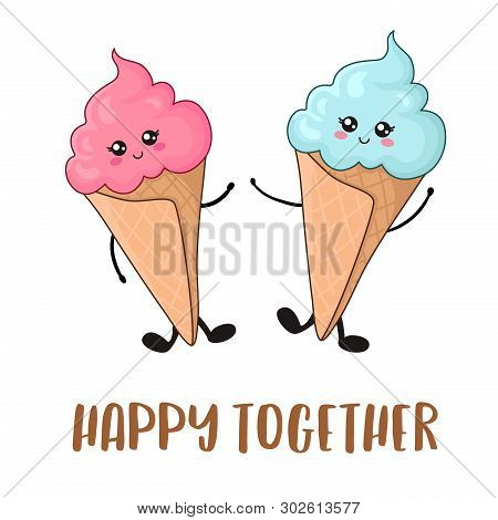 Card With Cuple Of Kawaii Pink Ice Creams - Boy And Girl Together On White Background, Isolated Desi