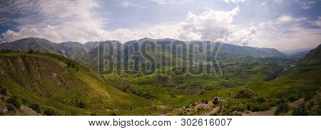 Aerial Panoramic View To Colca Canyon And Madrigal City From The Madrigal Viewpoint At Chivay, Arequ