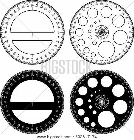 Protractor Ruler Template. Measuring Tools. Silhouette And Thin Line Vector