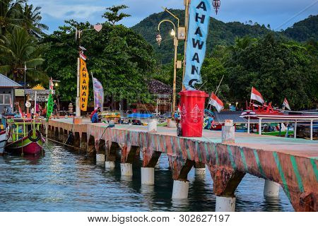 Traditional Fishing Wooden Boat Near Pahawang Island. Bandar Lampung. Indonesia. Traveling Concept. 