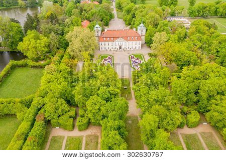 The Palace In Nieborow. Springtime. Green Trees. Aerial View