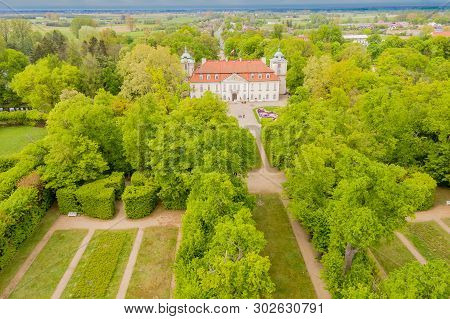 The Palace In Nieborow. Springtime. Green Trees. Aerial View