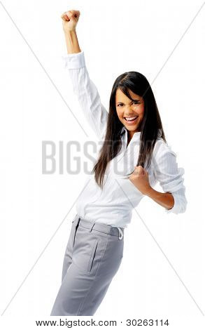 Business worker punches fist into the air, isolated on white