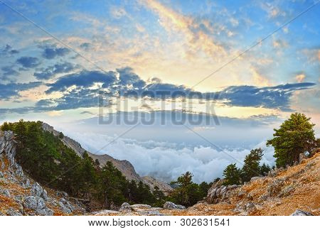 Summer Morning Sunrise Cloudy Top View Of The Mount Aenos (or Ainos). Kefalonia, Greece.