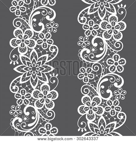Lace Seamless Vector Pattern, Repetitive Ornamental Textile Or Embroidery Design In White On Gray Ba