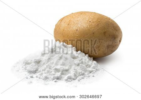 Heap of potato starch and a fresh potato isolated on white background