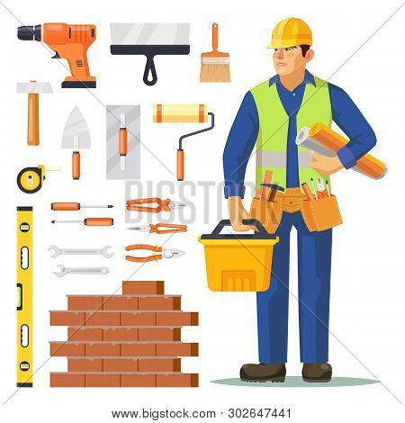 Builder Man And Icons For Building Construction. Set Of Isolated Electrical Drill And Spatula, Paint