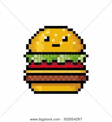 Cute Hamburger In The Style Of Pixel Art.