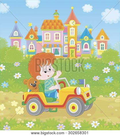 Little Boy Driving A Toy Off Road Car On A Road Out Of Town On A Summer Day, Vector Illustration In 