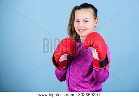 Rise Of Women Boxers. Girl Cute Boxer On Blue Background. With Great Power Comes Great Responsibilit