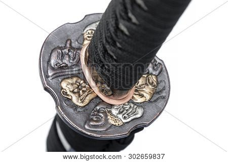 Devil Tsuba : Handguard Of Japanese Sword Made Of Copper Isolated In White Background.