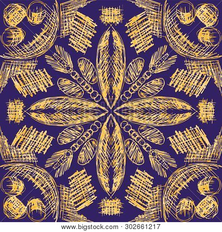 Vector Seamless Pattern With Hand Drawn Symmetrical Decorative Tribal Elements.