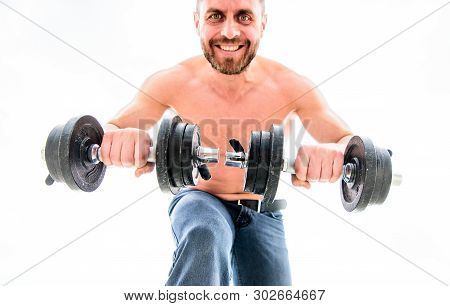 Athletic Body. Dumbbell Gym. Fitness Health Diet. Muscular Man Exercising With Barbell. Man Sportsma