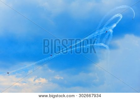 Gdynia, Poland - July 27, 2014: Red Bull Air Race In Gdynia. The Breitling Jet Team Air Show Perform