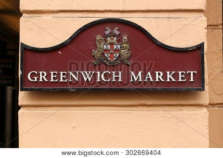 London, Uk - July 8, 2016: Sign Board For Greenwich Market In London, Uk. Royal Borough Of Greenwich