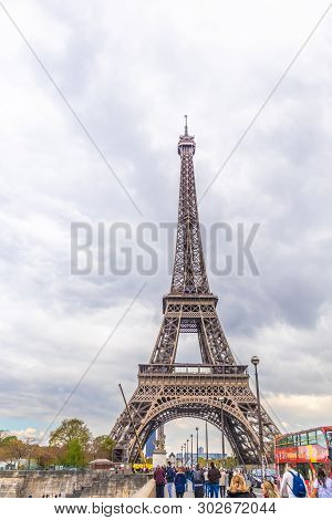 Paris, France - April 9, 2019: Eifel Tower On A Cloudy Day. Paris, France.