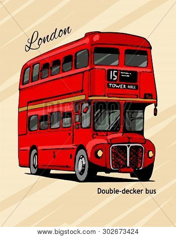 London Double Decker Hand Drawn Red Bus