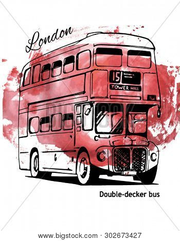 London Double Decker Hand Drawn Red Bus