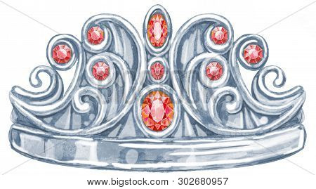 Watercolor Silver Crown Princess With Precious Stones Ruby