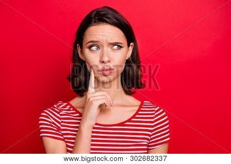 Portrait Of Attractive Charming Lady Youth Negative Cant Choose Decide Solve Option Variant Look Fro