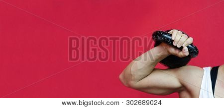 Kettle Bell Sport, Muscular Young Woman Holding Old Heavy Kettlebell Weight With Her Hand  On Her Sh