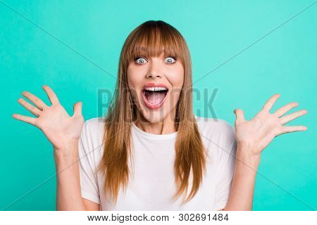 Portrait Of Astonished Charming Teen Millennial Impressed Incredible Discount Rumor Gossip Secret Ca