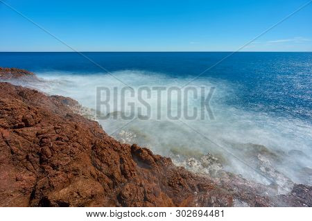 Seascape On Roche Rouge, French Riviera, France. Long Exposure Shot.