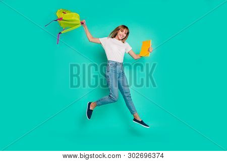 Full Length Side Profile Body Size Photo Beautiful She Her Lady Weekend Jump High Arms Hands Hold Ba