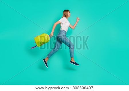 Full Length Side Profile Body Size Photo Beautiful She Her Lady Weekend Vacation Jump High Arms Hand