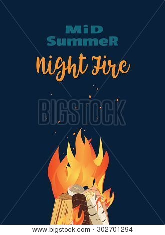 Midsummer Holiday Fire Festival Flat Poster. Bonfire Night. Colorful Cartoon Flame Sign. Burning Fla