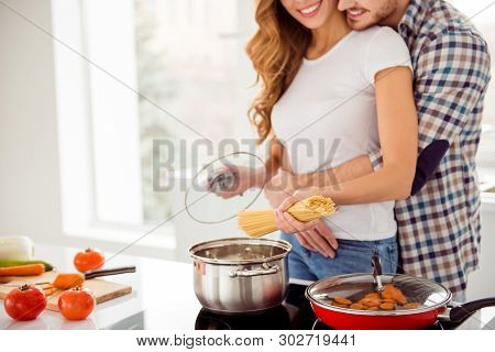 Cropped Close Up Photo Pair Beautiful He Him His Macho Guy Distracting She Her Lady Just Married Hon