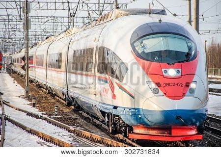 Russian High-speed Train. Sapsan Train. . Russia Metallostroy March 8, 2019