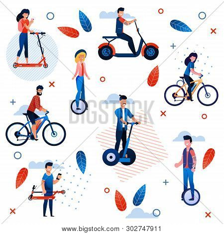 Active Summer Vacation Flat Seamless Pattern. Cartoon People Characters Riding Bicycles, Scooter, Ve