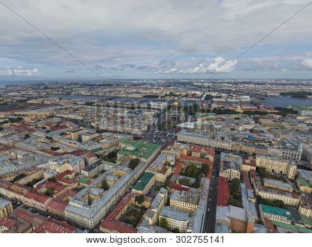 Panoramic View Of Saint Petersburg, Drone Photo, Summer Day. Saint Isaac's Cathedral. Sennoy Distric