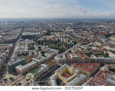 Panoramic View Of Saint Petersburg, Drone Photo, Summer Day. Sennoy District. Yusupov Garden