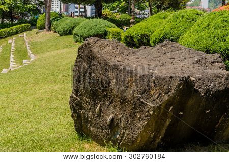 Closeup Of Large Black Volcanic Boulder Sitting In Front Of Manicured Shrubs At Urban Public Park Wi