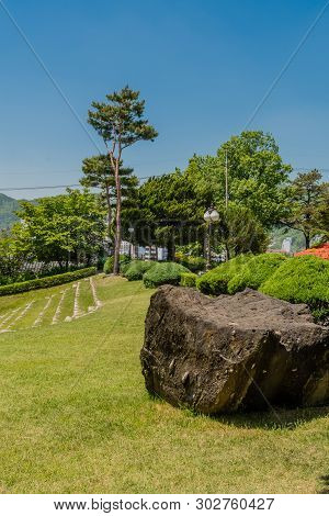 Large Black Volcanic Boulder Sitting In Front Of Manicured Shrubs At Urban Public Park With City Bui