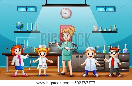 Scientist Standing With Chalkboard Teaching Student In Laboratory Classroom