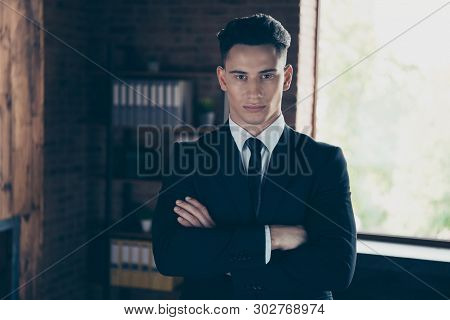Close Up Photo Perfect Look Handsome He Him His Thoughtful Hands Arms Crossed Moody Chief Attentive 