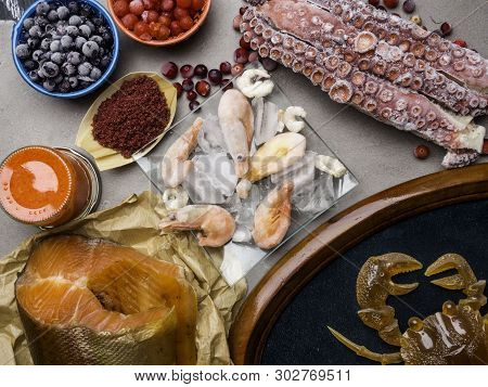 Foods High In Astaxantin As Shrimps, Red Fish, Crab, Salmon, Blueberry, Cranberry, Red Seaweed, Cavi