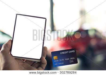 Man Holding White Mock Up Passport On Car Blurred Bokeh Background E-shopping Marketing Digital, Con