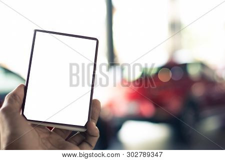 Man Holding White Mock Up Passport On Car Blurred Bokeh Background E-shopping Marketing Digital, Con