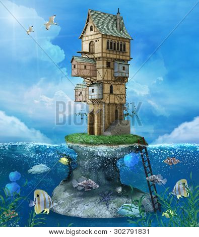 Fantasy Fisherman House On A Reef In The Middle Of The Blue Sea - 3d Illustration