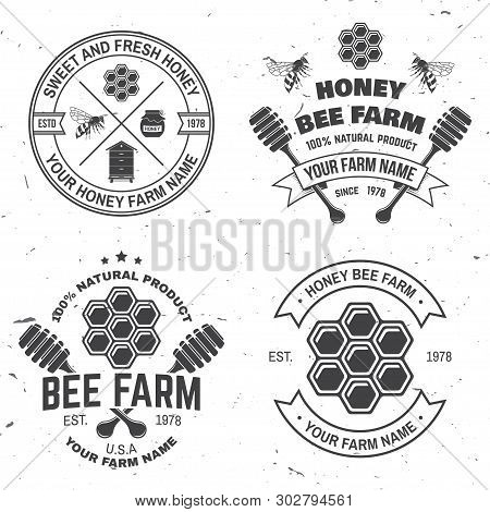 Set Of Honey Bee Farm Badge. Vector. Concept For Shirt, Print, Stamp Or Tee. Vintage Typography Desi