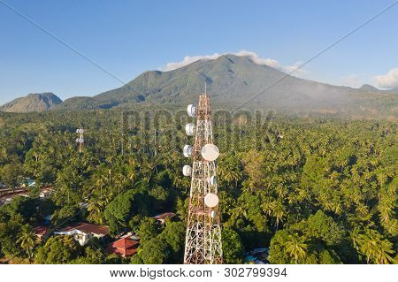 Telecommunication Tower, Communication Antenna On Camiguin Island, Philippines. Repeaters On A Metal
